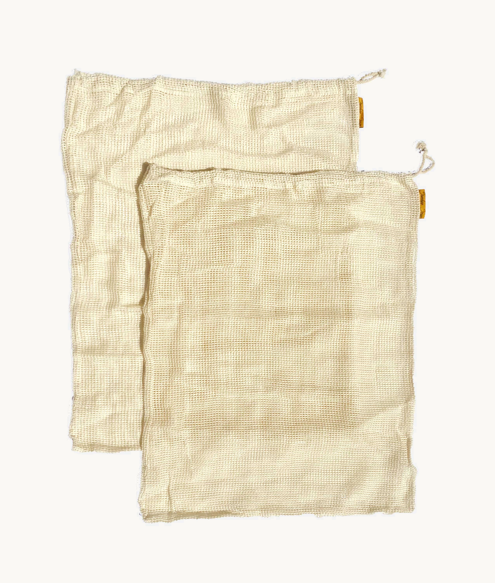 Two extra-large organic cotton mesh bags with original weave and labels